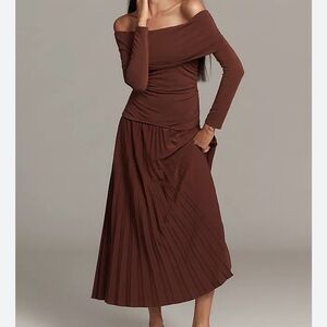Anthropologie Off-Shoulder Long Sleeve Pleated Maxi Dress in Brown